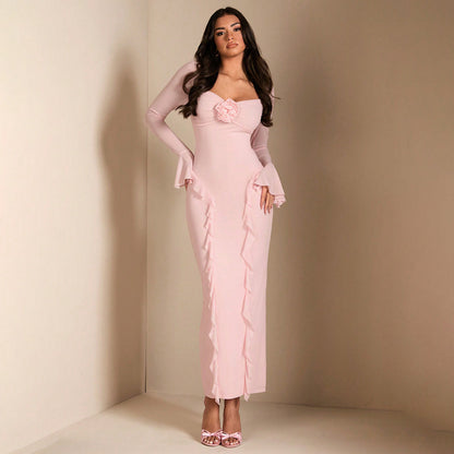 V Neck Bell Sleeve Ruffle Bodycon Midi Dress