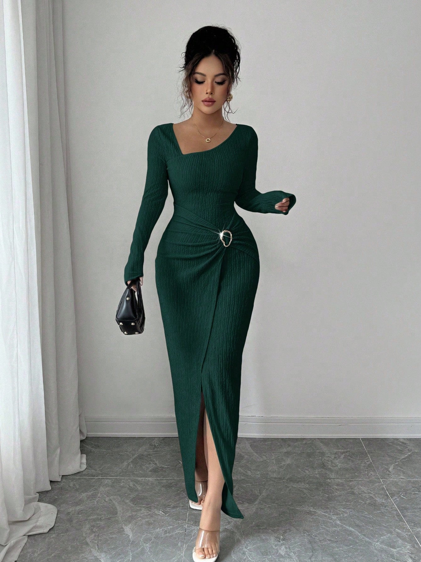 Wine Red Asymmetric Neck Knit Maxi Dress Women