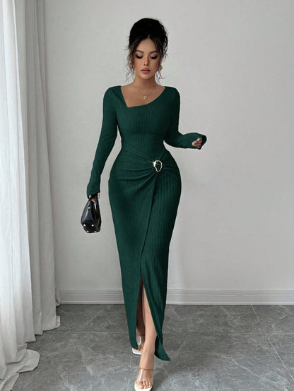 Wine Red Asymmetric Neck Knit Maxi Dress Women