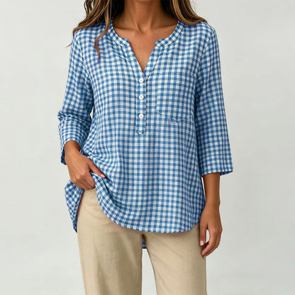 Women's Gingham V Neck 3/4 Sleeve Loose Casual Blouse