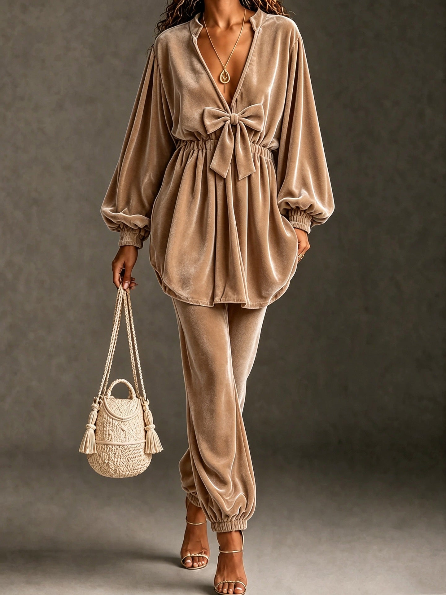 Velvet Bow Front Balloon Sleeve Jogger Set