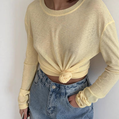 Women's Sheer Slub Long Sleeve Crew Neck Loose Fit Tee