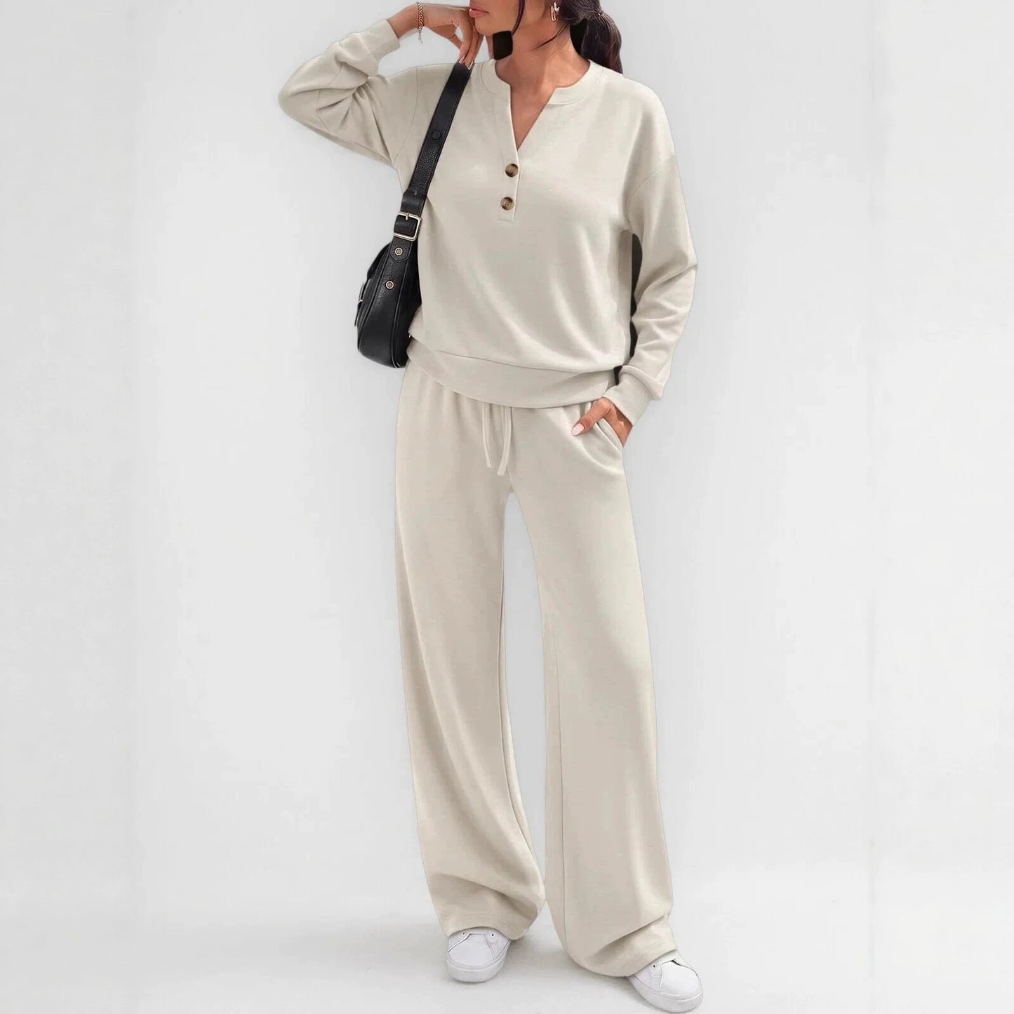 Women's Matching Lounge Set Henley Top Wide Leg Pants