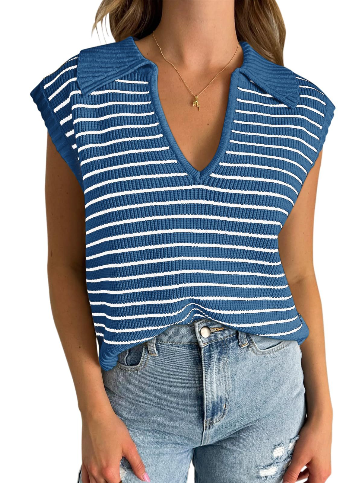 V-Neck Striped Knit Sweater, Casual Lapel Top