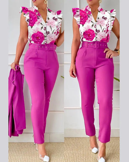 Floral Ruffle Sleeve Top & Belted Pants Two Piece Set