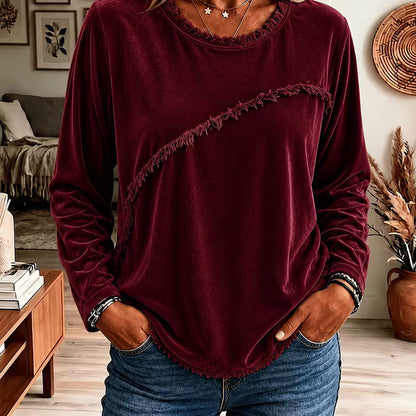 Women's Velvet Fringe Long Sleeve Round Neck Top