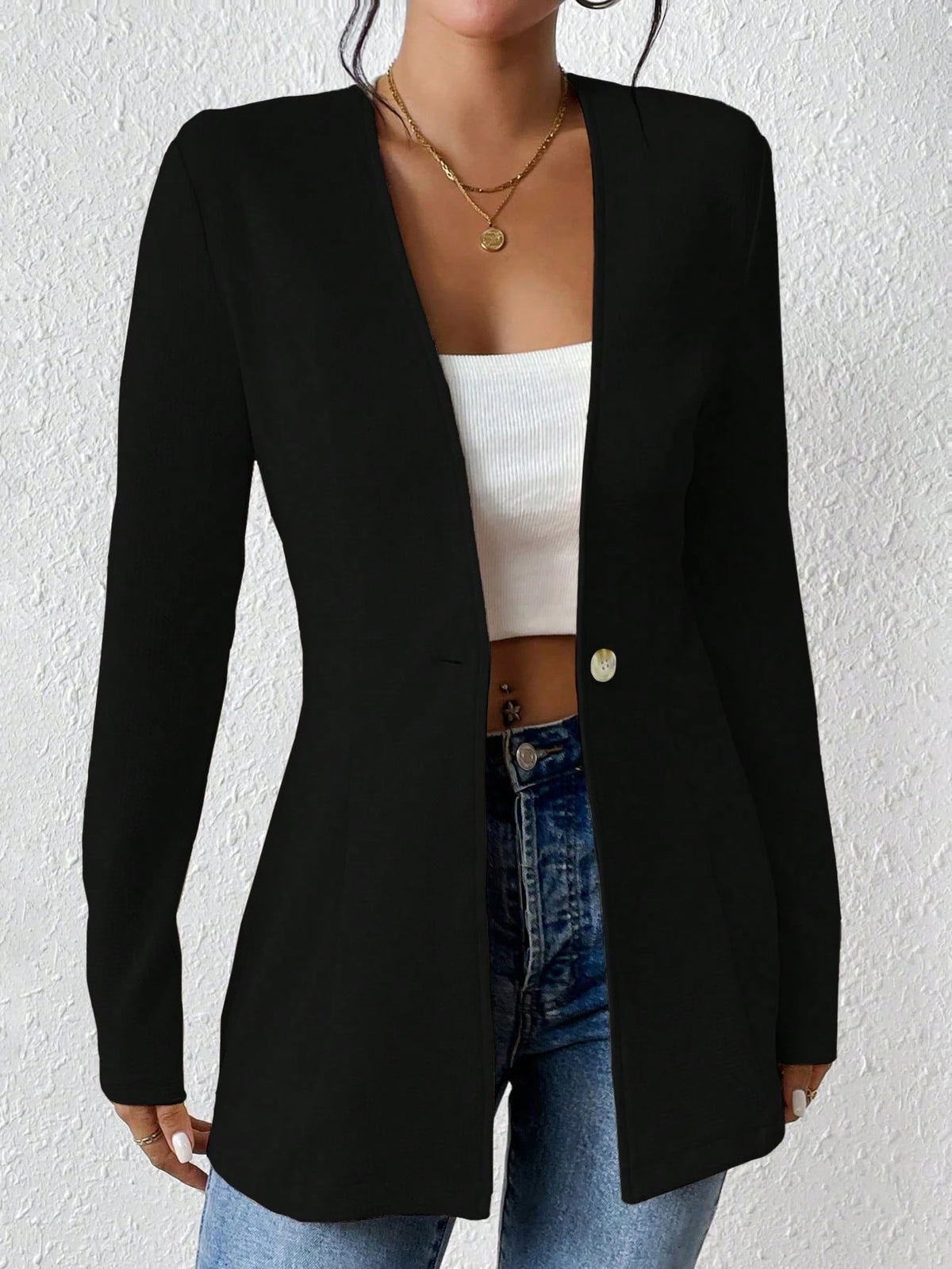 Women's Casual V-Neck One Button Solid Blazer Jacket
