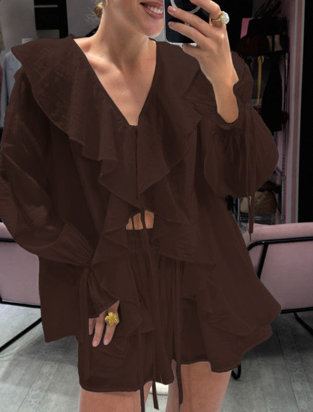 Womens Ruffle Blouse and Shorts Two Piece Set