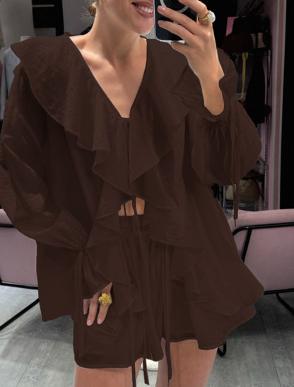 Womens Ruffle Blouse and Shorts Two Piece Set