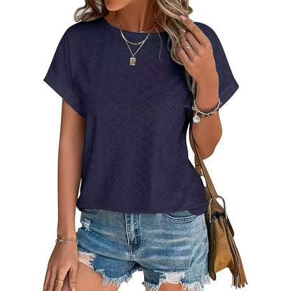 Solid Eyelet Short Sleeve Tee Loose Fit Casual Top