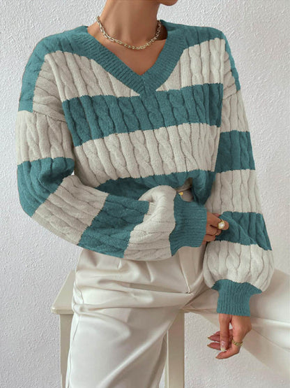 Oversized V-Neck Cable Knit Striped Pullover Sweater