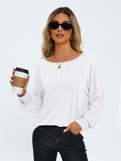 Women's Pleated Crewneck Balloon Sleeve Oversized Top