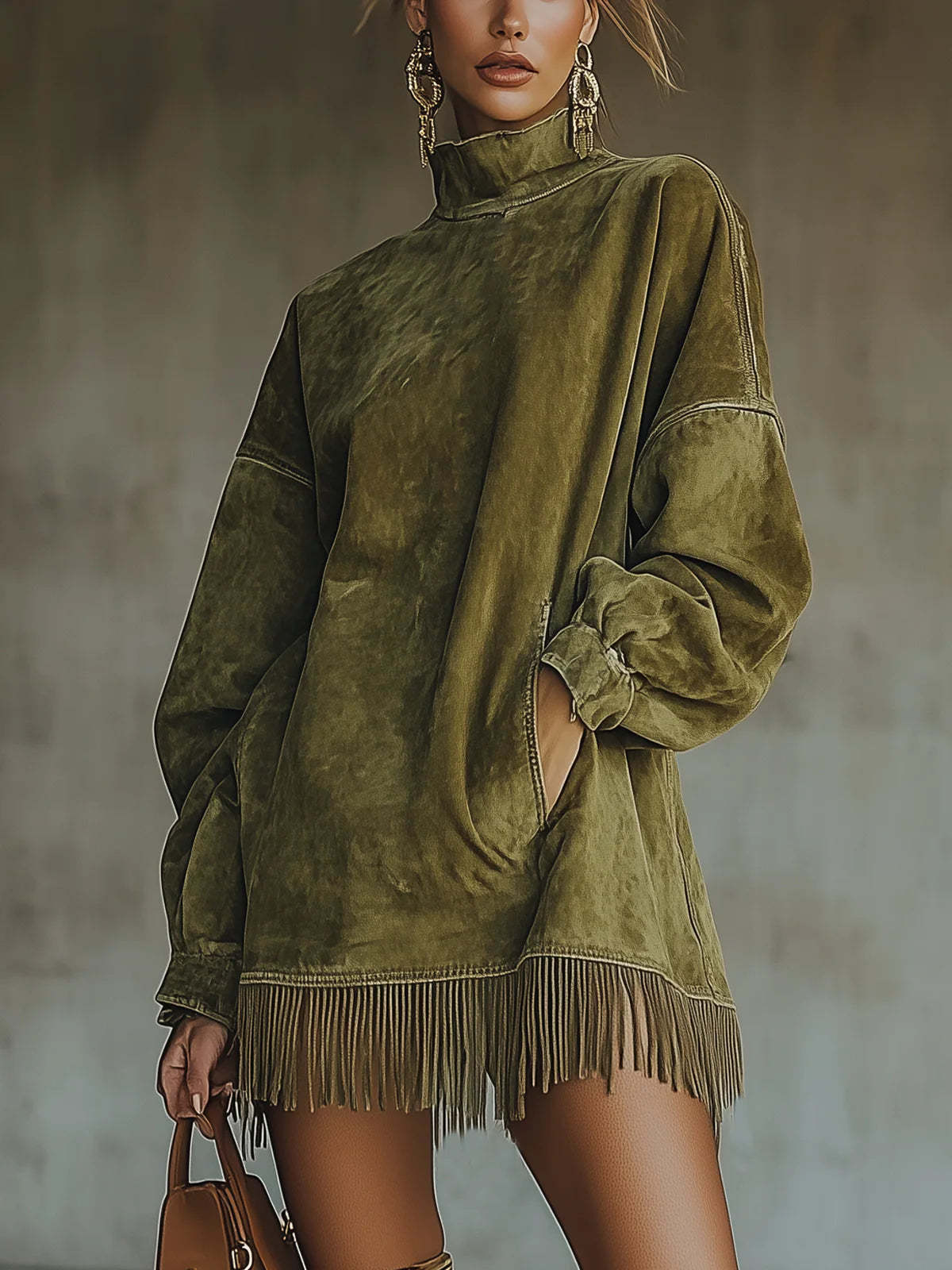 Oversized Mock Neck Suede Fringe Dress Pockets