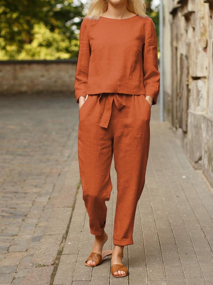 Women's Linen Blend Two Piece Set Long Sleeve Top & Pants