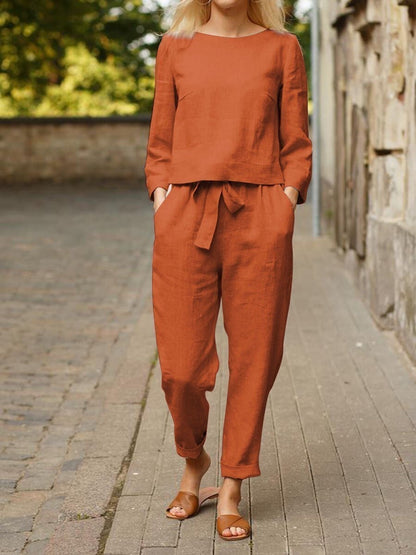 Women's Linen Blend Two Piece Set Long Sleeve Top & Pants