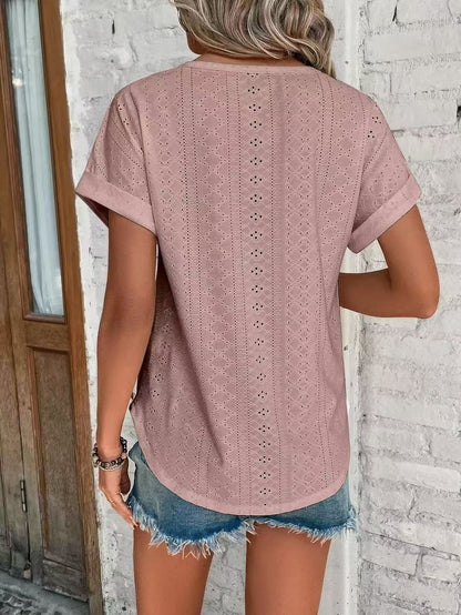 Solid Eyelet Short Sleeve Tee Loose Fit Casual Top