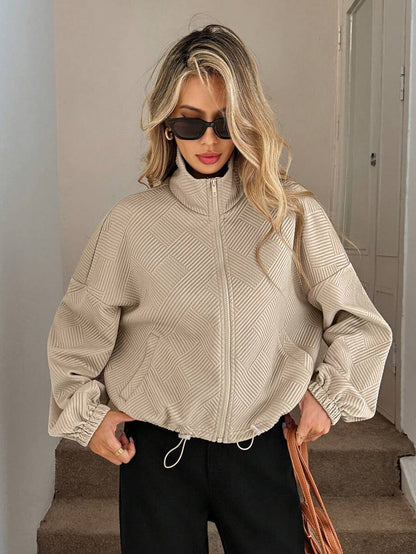 Textured Zip Up Bomber Jacket Drawstring Hem Casual Coat