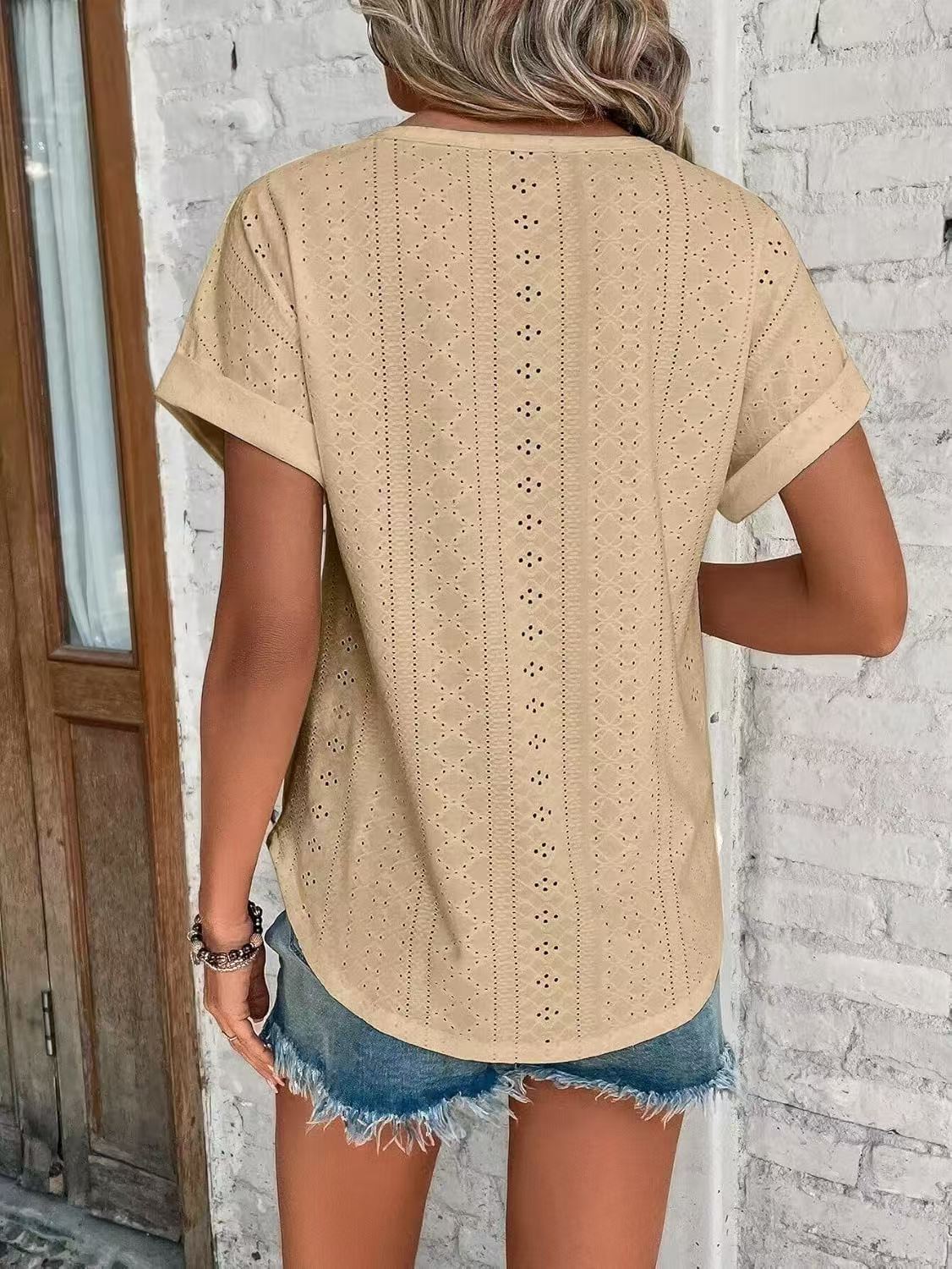Solid Eyelet Short Sleeve Tee Loose Fit Casual Top