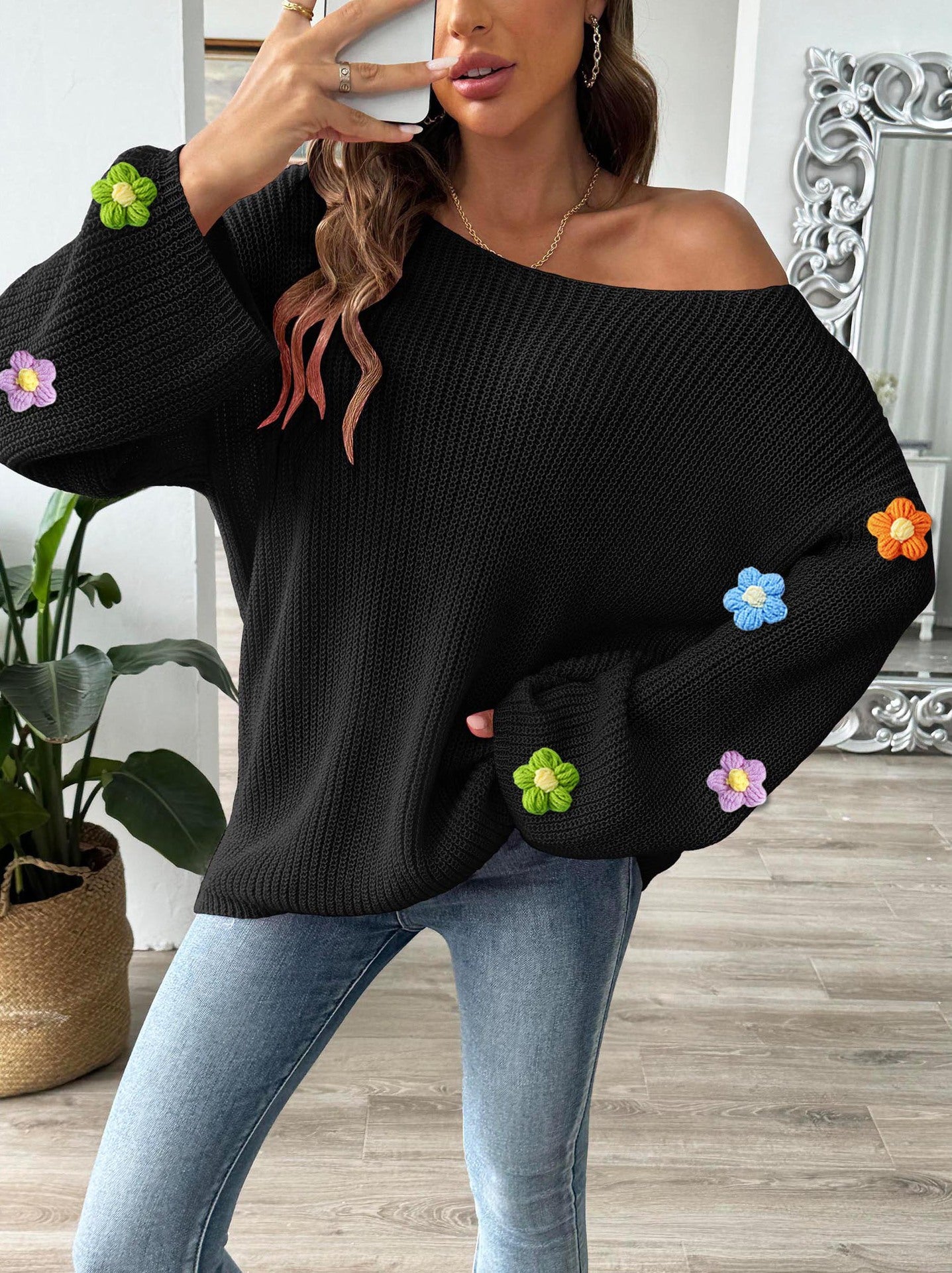 Off-Shoulder Knit Sweater with Crochet Flower Detail