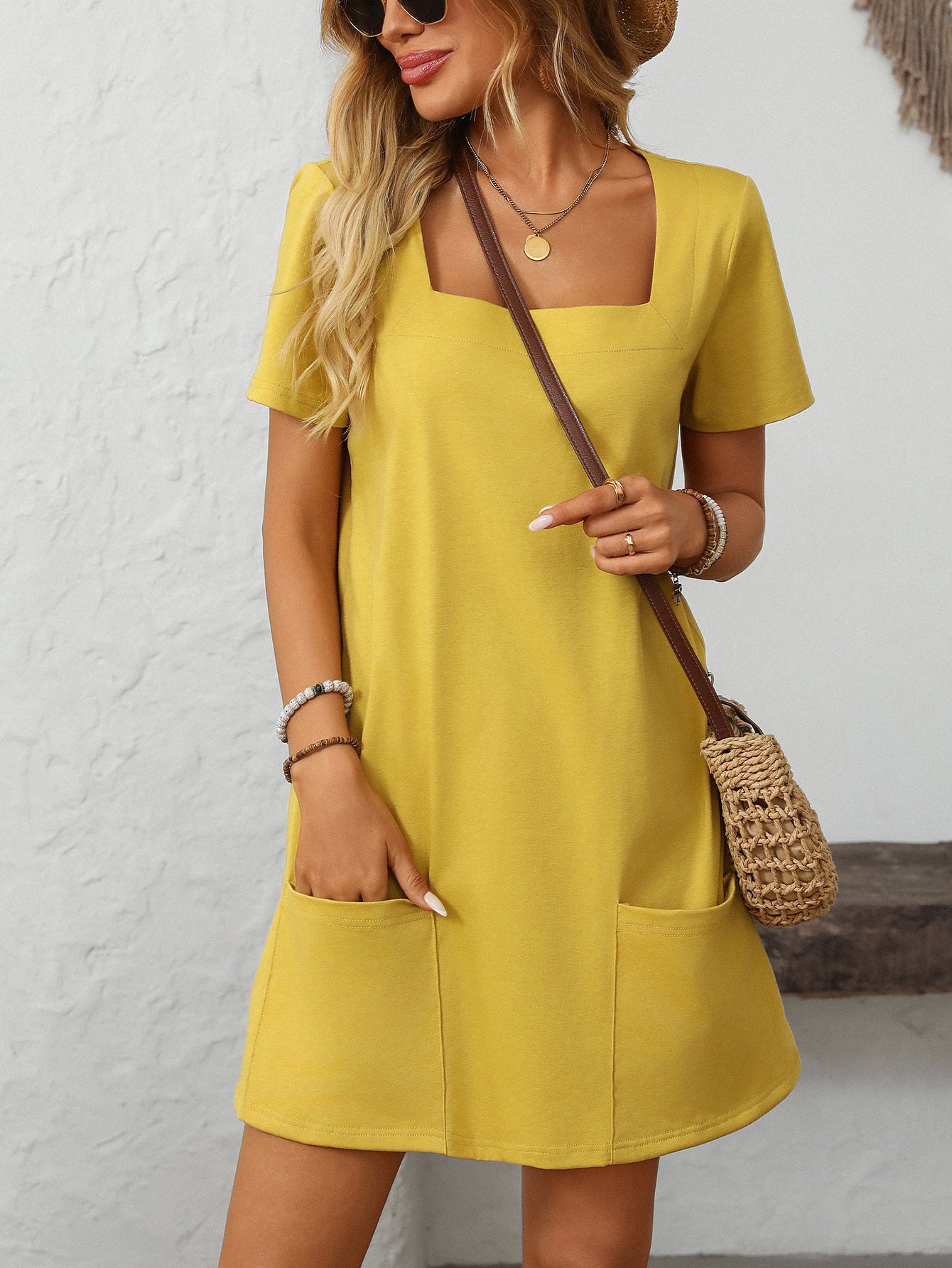 Square Collar Short-Sleeve Casual Pocket Dress