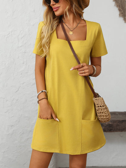 Square Collar Short-Sleeve Casual Pocket Dress