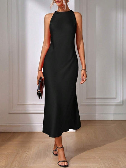 Sleeveless Satin Maxi Dress Side Slit Bodycon Cocktail