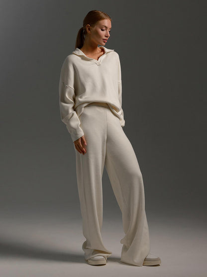 Women's Polo Knit Sweater Set with Wide Leg Pants