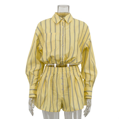 Women's Striped Crop Shirt & Shorts Matching Set
