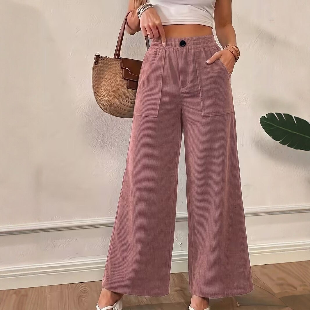Women's High Waist Ribbed Wide Leg Casual Pants Pockets