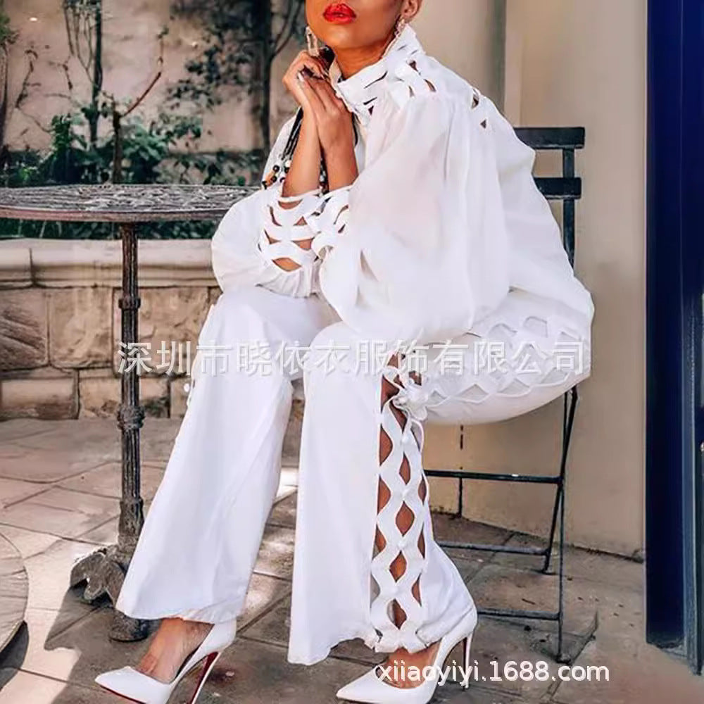 Women's Cutout Puff Sleeve Two Piece Pants Set White