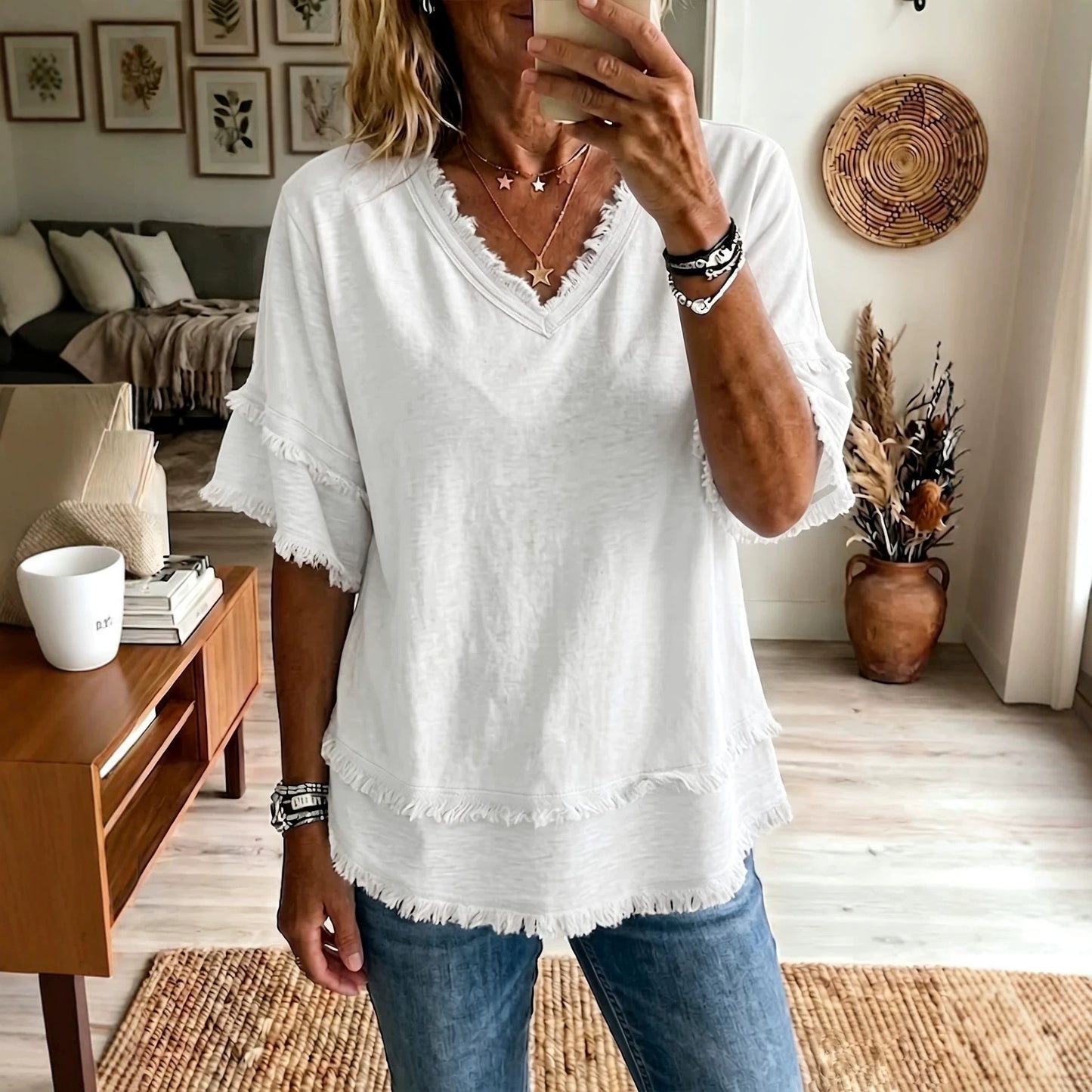 Women's Boho Fringe V-Neck Short Sleeve Linen Blend Top