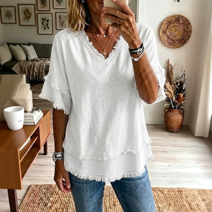 Women's Boho Fringe V-Neck Short Sleeve Linen Blend Top