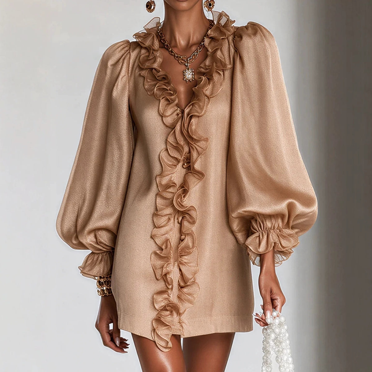 Women's Puff Sleeve Ruffle Deep V-Neck Mini Dress