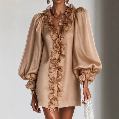 Women's Puff Sleeve Ruffle Deep V-Neck Mini Dress