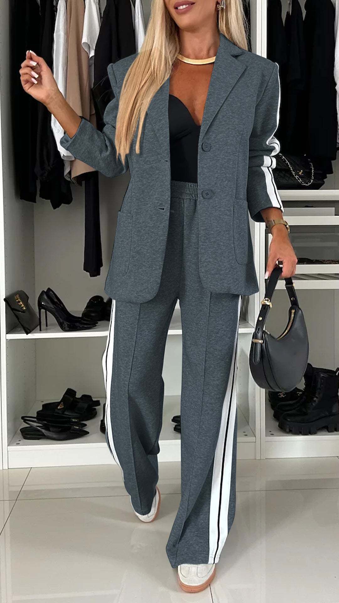 Womens Two Piece Casual Blazer Set Wide Leg Pants