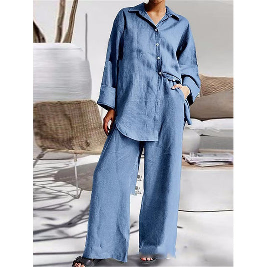 Linen Blend Button Shirt Pants Two Piece Set Casual Outfit