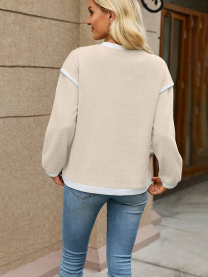 Women's Color Block V Neck Long Sleeve Knit Tunic Top