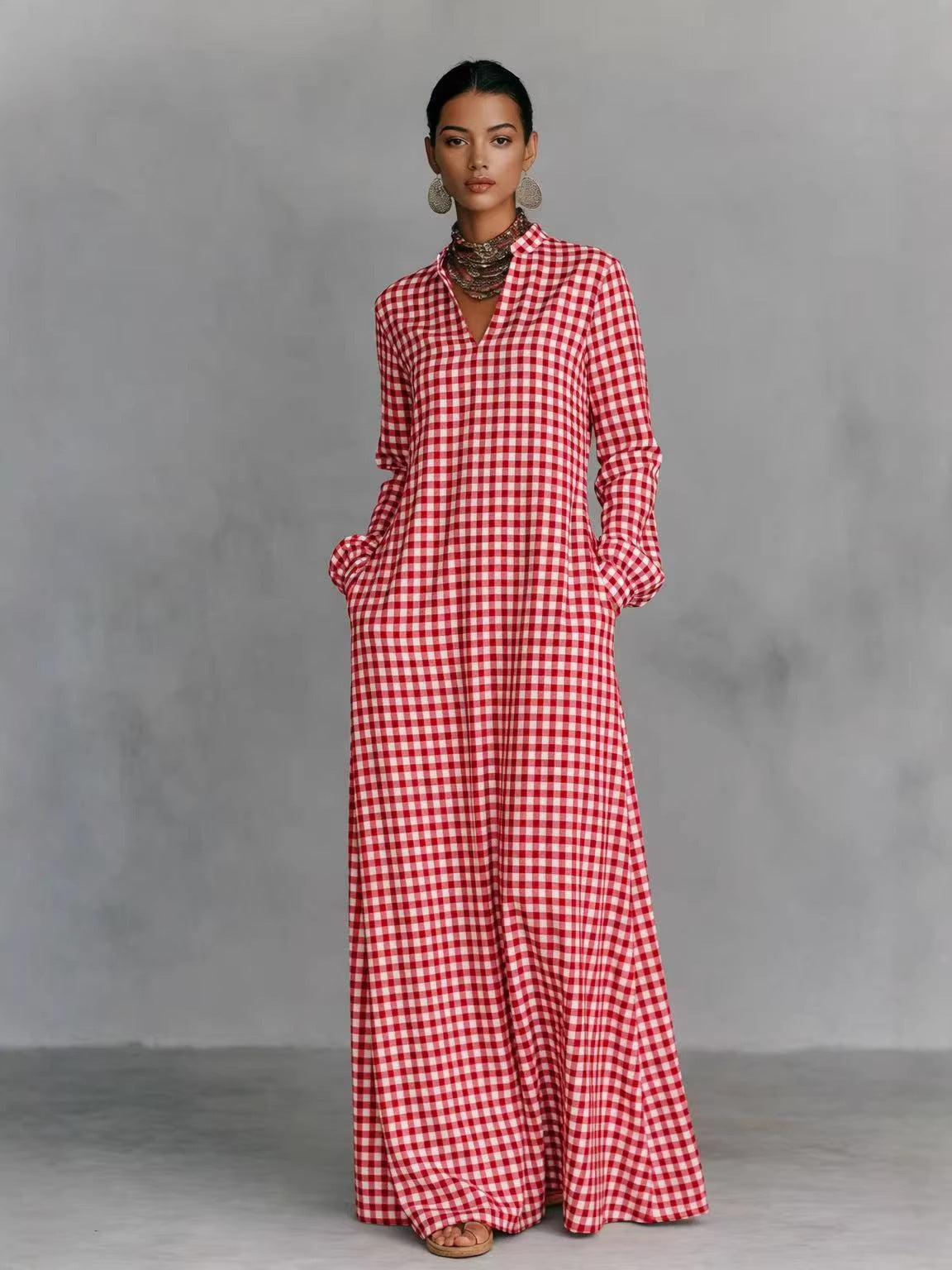 Women's Plaid V-Neck Maxi Shirt Dress Long Sleeve Flowy