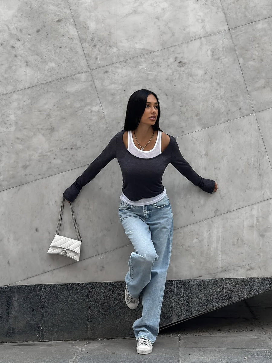 Vintage Layered Look Contrast Long Sleeve Modal Tee