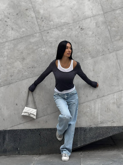 Vintage Layered Look Contrast Long Sleeve Modal Tee