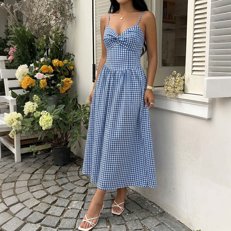 Blue Gingham Bow Front Midi Dress Cottagecore Sundress