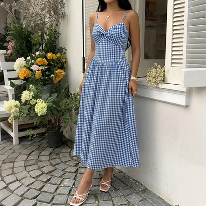 Blue Gingham Bow Front Midi Dress Cottagecore Sundress