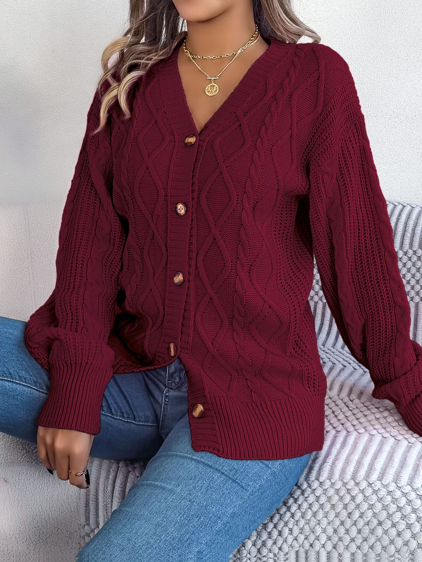 Fall Winter Cable Knit V Neck Lantern Sleeve Cardigan