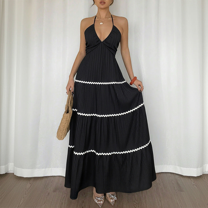 Color Block Halter Maxi Dress Tiered Resort Vacation Style