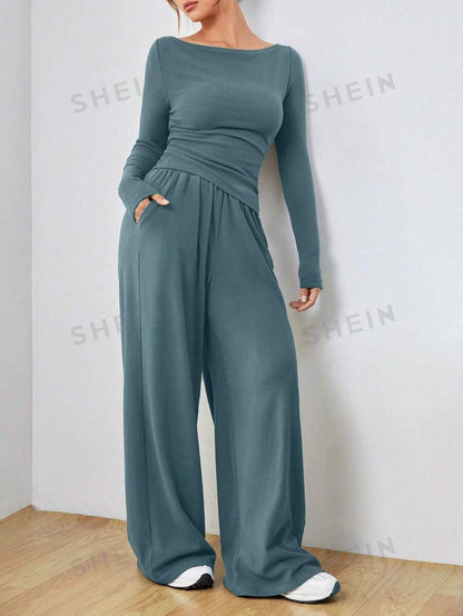 Women's Two Piece Wide Leg Pants Set Long Sleeve