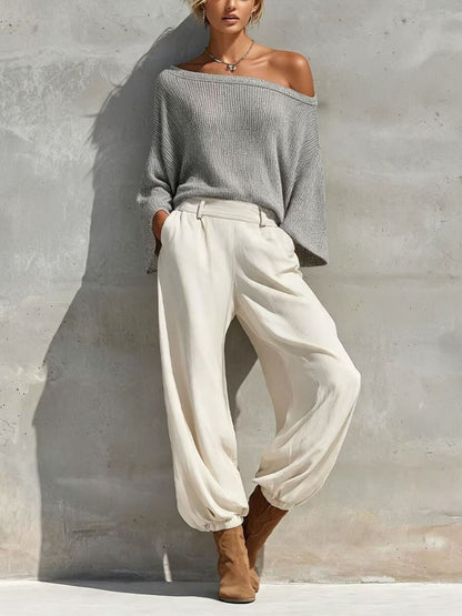 Women's Off Shoulder Knit Top & Wide Leg Pants Set