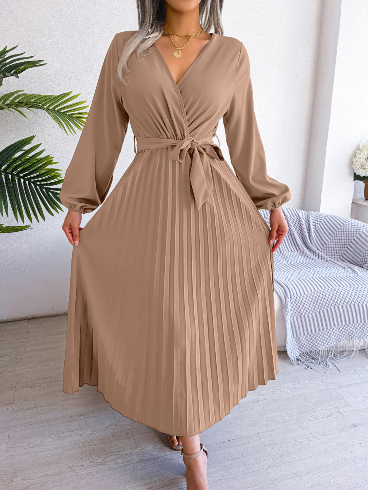 V-Neck Wrap Pleated Maxi Dress Long Sleeve Tie Waist