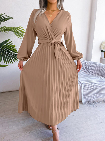 V-Neck Wrap Pleated Maxi Dress Long Sleeve Tie Waist