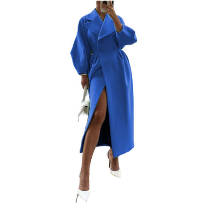 Women Wool Coat Double Breasted Balloon Sleeve Notch Lapel