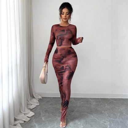 Tie Dye Mesh Two Piece Set Crop Top Bodycon Skirt